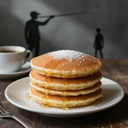 fluffy pancakes, coffee in the style of bansky