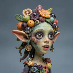 portrait headshot of a scary nature spirit, head made of fruit gems and flowers in the style of arcimboldo, ashley bickerton, fragonard, photorealistic, dynamic lighting, action figure, clay sculpture, claymation, dull blue cloudy background