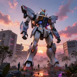 bright render of huge mecha, by Ian McQue, Rutkowski, lee madgwick and hubert robert, concrete building by le corbusier on the background, puddles of water, trees and bushes, blade runner style, neon glow, vivid color, moody lighting, unreal engine, sunrise, epic skies, foggy