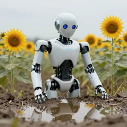 a futuristic robots with sunflowers as eyes, hyperrealistic, 8k. The robot’s reflection is seen in a muddy puddle, realistic, unreal engine