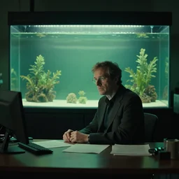 photo of an aquarium behind a director seated at a desk, tim hildebrandt, by wayne barlowe, trending on artstation, cinematic composition, simple detail. greenish lighting,