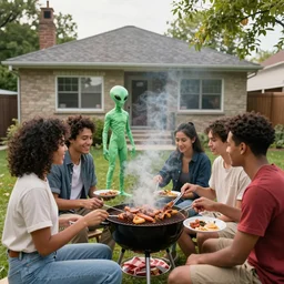 a group of friends having a bbq with an alien at the backgardenof a detroit house