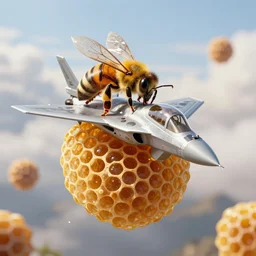 a hybrid between a bee and a fighter jet flying through a giant honey hive