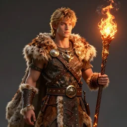 Taylor Lautner wearing a fur barbarian tunic holding a glowing fire magical staff. Trending on Artstation, octane render, ultra detailed, art by Ross tran