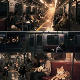 3 panel scene, anime cat sleeps in japan subway at dark night - dramatic cozy arts by wlop and okuda genso. wide angle lens. featured on pixiv, anime aesthetic. pixiv, warm aesthetic, rays of light, volumetric light, artstation, vanitas, official art, gothic, noise film photo. octane render, redshift render, ue 4