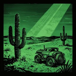 art by brian reedy, dark green and black ink linocut print of a desert with a few cacti here and there, 8 k, frostbite 3 engine, cryengine, dof, trending on artstation, digital art, crepuscular ray