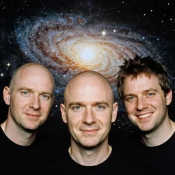 three bald british men and a fourth british man with hair smiling at the camera with a galaxy backdrop, kubrick stare, album art, photograph