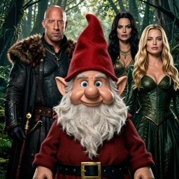 movie poster with vin diesel as gnome bard, steve buscemi as dark barbarian lord, margot robbie as forest druid, meryl streep as ice queen of the north and samuel l. jackson as cleric in the new dunegons & dragons style movie