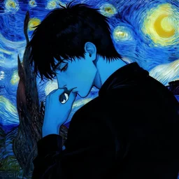2 d artistic picture of a young man with sharp facial features and anime style hair looking sadly down on his hand, rear facing, only black and blue high contrast colour spectrum, melancholic, allegorical style, by peter mohrbacher, jeremy mann, francoise nielly, van gogh, ross tran, dark and wierd style