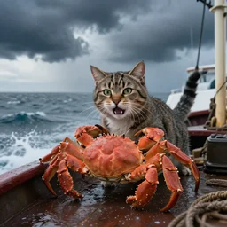 a cat working hard as a crab boat captain in the bering sea, dramatic storm, movie still, 8 k,