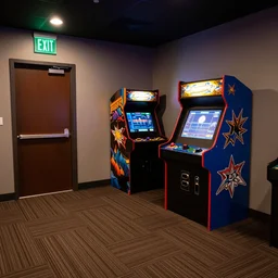 an empty arcade with only one arcade game left, and a door to the left with an exit sign above it, the carpet is brown