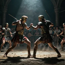 Movie scene depiction of Roman gladiators dueling to the death with spectators in background, in the style of Greg Rutkowski and Ace Powell and Jean Giraud, extremely moody lighting, glowing light and shadow, atmospheric, shadowy, cinematic