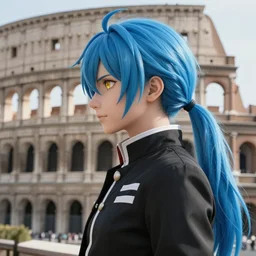 side profile of rimuru tempest with sky blue hair, ponytail, gold eyes, black jacket with white stripes and a high collar, detailed face | highly detailed, roman city | professional digital art, concept art, award winning photography, cinematic, wlop | art by pixiv art, ilya kuvshinov, greg rutkowski, yoshitaka amano