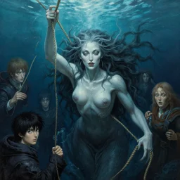 an intense lovecraftian painting of norwegian sea monster draugen beneath the water,, a woman holding on to a rope above surface by takehiko inoue and kim jung gi and hiroya oku, by thomas kinkade and greg rutkowski and ilya kuvshinov, masterpiece illustration, ultrarealistic, perfect face and anatomy, golden ratio