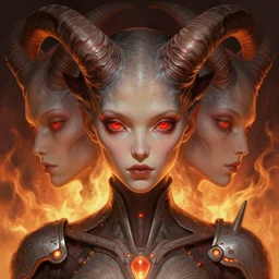 symmetry!! portrait of realistic alien with horns. red eyes, human eyes, background flames, sci - fi, tech wear, glowing lights!! intricate, elegant, highly detailed, digital painting, artstation, concept art, smooth, sharp focus, illustration, art by artgerm and greg rutkowski and alphonse mucha