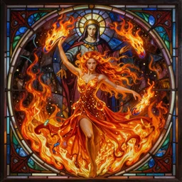 ultra realist breathtaking detailed soft painting of a beautiful lonely fire dancer girl, long fire hair and flying dress of fireflies, symmetrical facial features, christian saint in the middle of a stained glass of flames, intricate art nouveau frame, by Tom Bagshaw, wlop, trending on artstation