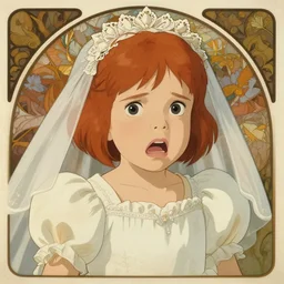 well - lit art nouveau portrait of a 1 3 - year old girl who resembles millie bobby brown frightened, vulnerable expression with open mouth, with red hair as a bride, natural lighting, path traced, highly detailed, high quality, cartoon, digital painting, by don bluth and ross tran and studio ghibli and alphonse mucha