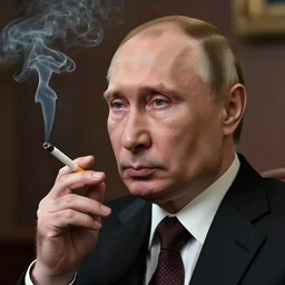 Putin with Gollum face smokes cigarette