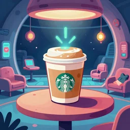 a coffee cup standing on a table inside of a futuristic spaceship. concept art by victor mosquera, ( paul kelpe ) and ( petros afshar ). kurzgesagt style. storybook illustration, colourful 2 d cartoon, luminescent. behance contest winner.