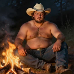 an ethereal painting of a rugged handsome thicc shirtless man with a beer belly and cowboy hat sitting by a campfire.