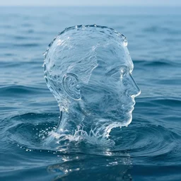 water artwork manipulation in the shape of a human head, on the ocean water, ray tracing, realistic water sharp focus, long shot, 8 k resolution, cinematic