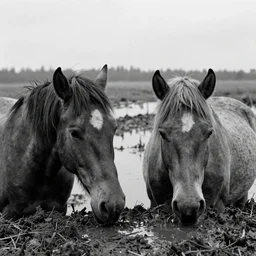 movie still by tarkovsky of obese horses heads on mud pond, swamp backround, cinestill 8 0 0 t 3 5 mm b & w, heavy grain, high quality, noir, natural textures, photorealistic, ambient occlusion, hd, ultra wide lens, anamorphic