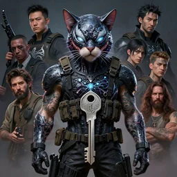 key art of cat with tattoos wearing tactical gear, intricate lights, high detailed face, bio luminescent, plasma, by ruan jia and artgerm and range murata and wlop and ross tran and william - adolphe bouguereau and beeple. fantasy illustration. award winning, artstation, venomized, realistic, hyperdetailed, 8 k resolution
