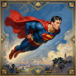 robert mueller flying through the sky like superman, art deco painting by lisa frank