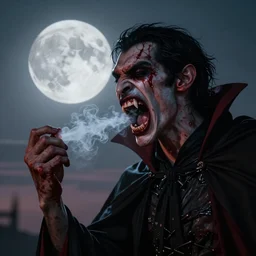 bloody menacing vampire opening its mouthx baring its fangs under the moon with vapor in twilight, darkart, hyperdetailed, hyperealistic, cinematography, 8k,beautiful