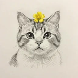 a pencil drawing of a cute cat, a small yellow flowers on it head, 8 k