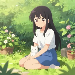 anime girl with cat sitting in garden on hot summer, 8k, high quality,