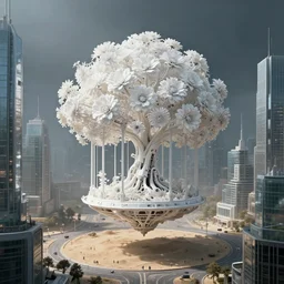 an intricate white tree with mechanical flowers inside an intricate futistic cage, suspended in the air above a street of a megalopolis made of sand and glass, matte painting, cinematic, dramatic atmosphere, detailed, atmospheric, wide angle, artstation trending,