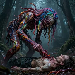 a very colorful and beautiful ( flesh - eating ) gazipagmo with hair like maggots and covered in raindow fur, eating the leg of a decomposing man, schizophrenic hallucination, by alexandro judorowski and basia tran, fear, morbid, nightmare, supernatural, 8 k, digital art, highly detailed, chiaroscuro, creepy, terrifying