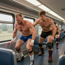 professional wrestlers with development issues on a moving train, E.C Dahl, Theodor Kittelsen, hyperrealistic, 4k, detailed, digital art