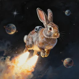An epic fantastic realism comic book style painting of a rabbit launched into space, unreal 5, DAZ, hyperrealistic, octane render, dynamic lighting