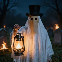portrait photo still of a spooky ghost wearing a burlap mask holding a lantern, wearing a top hat, in front of an old cemetery on fire at night, 8 k, 8 5 mm f 1. 8