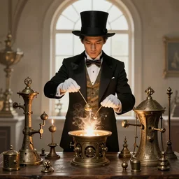 a aesthetic portrait of a magician working on ancient machines to do magic, concept art