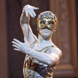 portrait of a male dancer with a beautiful porcelain face dressed in a venecian mask, gloves on action hands, rain, bokeh, cinematic light and reflections, beautiful dreamy lighting, ernst haeckel textures, annie leibovitz, zbrush,