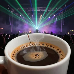 cracked mug of coffee with a rock concert happening on the rim, macro, stage fog, laser show