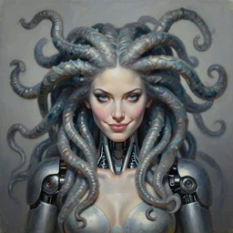 perfectly centered portrait, front view oil painting of a beautiful robot medusa, female, flowing hair, intense stare, sarcastic smile, symmetrical, concept art, intricate detail, volumetric shadows and lighting, realistic oil painting by alex grey,