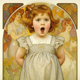 realistic detailed painting of a 2 1 - year old girl who resembles millie bobby brown and saoirse ronan with an open mouthed expression, with her arms behind her back, by alphonse mucha, ayami kojima amano, charlie bowater, karol bak, greg hildebrandt
