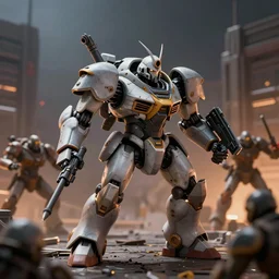 A hunchback IIC medium mech Mech in the middle of a mech battle in a city with dramatic lighting, Battletech, by Greg Rutkowski, sharp lighting, 4k, detailed