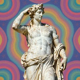 greek statue dabbing, 9 0 s style psychadelic background, grainy artifacts