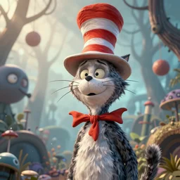 complex 3 d render, hyper detailed, ultra sharp, of the cat in the hat, scary, trippy, cinematic, natural soft light, rim light, art by greg rutkowski and artgerm and android jones, dr seuss