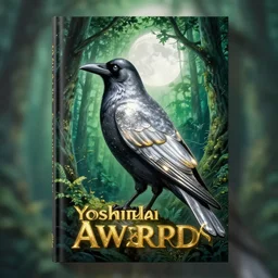 award winning book cover design, glowing silver and golden elements, full side portrait of illustrated crow, book cover, green forest, white moon, establishing shot, extremly high detail, photo-realistic, cinematic lighting, by Yoshitaka Amano, Ruan Jia, Kentaro Miura, Artgerm, post processed, concept art, artstation, matte painting, style by eddie mendoza, raphael lacoste, alex ross