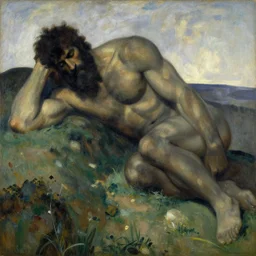 giant titan colossus sleeping on hills by henri rousseau masterpiece shadows and highlights mucha