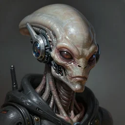 dramatic portrait of a humanoid alien creature mixed android , futuristic headset, cyber punk style, highly detailed, digital painting, smooth, sharp, aggressive face, expressive eyes, digital painting, ultrarealistic, 4k, artstation, art by Neville Page and Daytoner