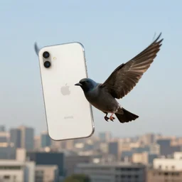 a bird taking a selfie in flight above a city, iphone front facing camera
