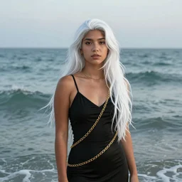 portrait of a hispanic mestizo girl with long white hair in a black dress, standing in the ocean, very beautiful style, girl wrapped in a gold chain, photorealism edgard maxence, john singer sargent