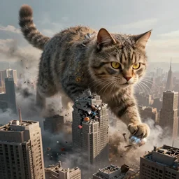 a giant cat destroying skyscrapers in a large city, smoke and destruction, conecpt art, cinematic, highly detailed, ornate, intricate detail, 4K, realistic, octane render, unreal engine